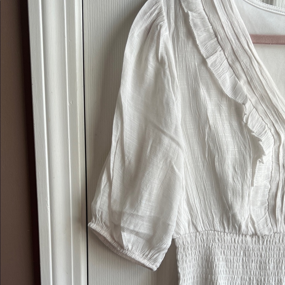 White Midi Dress with V-Neck and Smocked Waist - Picture 5 of 11